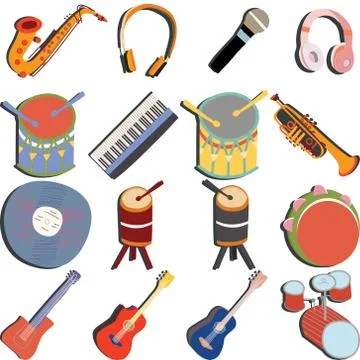 Hand drawn musical instruments icon set on white Stock Illustration