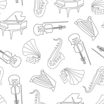 Hand Drawn Musical Instruments Seamless Pattern, Classical Orchestra Objects Stock Illustration