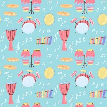 Hand drawn musical seamless pattern of drum set. Different Musical Percussion イラスト素材