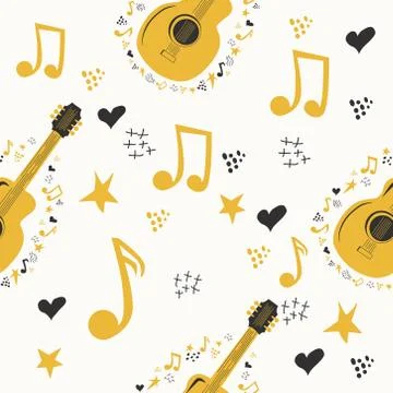 Hand-drawn musical seamless pattern with country guitar, stars, notes, symbol 库存插图