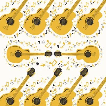Hand-drawn musical seamless pattern with country guitar, stars, notes, symbol 库存插图