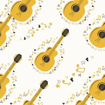 Hand-drawn musical seamless pattern with country guitar, stars, notes, symbol Illustrazione stock