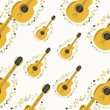 Hand-drawn musical seamless pattern with country guitar, stars, notes, symbol Stock Illustration