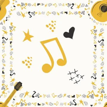 Hand-drawn musical seamless pattern with country guitar, stars, notes, symbol 스톡 일러스트