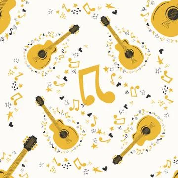Hand-drawn musical seamless pattern with country guitar, stars, notes, symbol Illustrazione stock