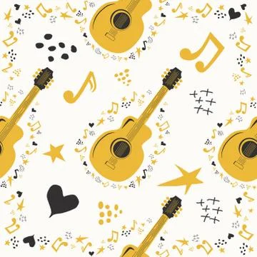 Hand-drawn musical seamless pattern with country guitar, stars, notes, symbol Stock Illustration