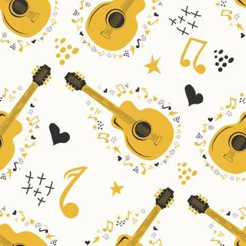 Hand-drawn musical seamless pattern with country guitar, stars, notes, symbol 스톡 일러스트