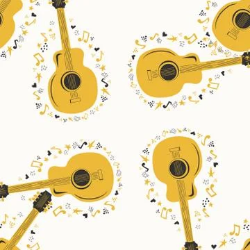 Hand-drawn musical seamless pattern with country guitar, stars, notes, symbol 스톡 일러스트