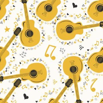 Hand-drawn musical seamless pattern with country guitar, stars, notes, symbol Stockillustratie