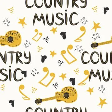 Hand-drawn musical seamless pattern with the inscription country music and co Illustrazione stock