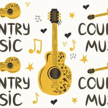 Hand-drawn musical seamless pattern with the inscription country music and co イラスト素材