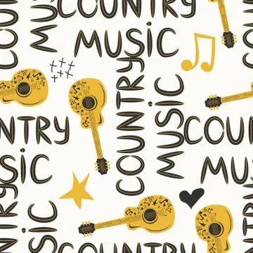 Hand-drawn musical seamless pattern with the inscription country music and co Illustrazione stock