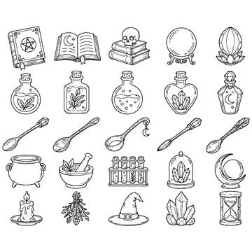 Hand-Drawn Mystical Esoteric Elements Set for Magical Rituals and Occult Pr.. Illustrazione stock