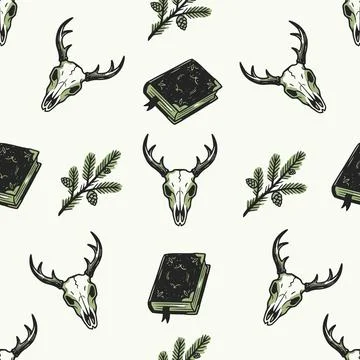 Hand-drawn mystical seamless pattern with deer skulls, old spell books Illustrazione stock