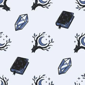 Hand-drawn mystical seamless pattern with crystal gems, old spell books Stock Illustration