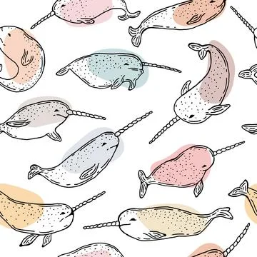 Hand drawn narwhals seamless pattern Stock Illustration
