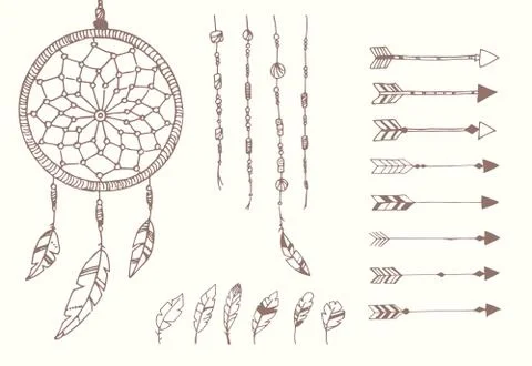 Hand drawn native american feathers, dream catcher, beads and arrows イラスト素材