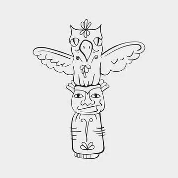 Hand drawn Native American totem pole vector icon in black ink doodle style Stock Illustration