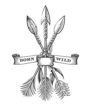 Hand Drawn Native Americans Arrows and Wording Born Wild Tattoo Stock Illustration