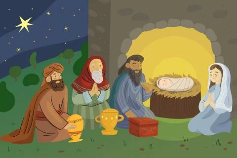 Hand drawn nativity scene Stock Illustration