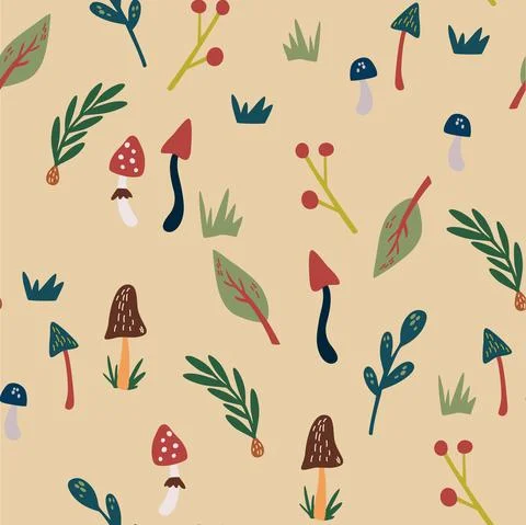 Hand drawn nature elements seamless pattern. Forest items, mushrooms, twigs,  스톡 일러스트