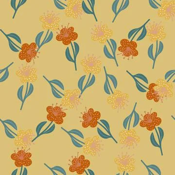 Hand drawn nature seamless pattern with orange random flower silhouettes. Blu Stock Illustration