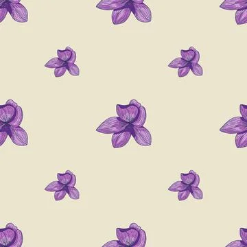 Hand drawn nature seamless pattern with purple outline flower elements. Light Illustrazione stock