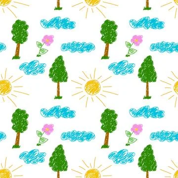 Hand-Drawn Nature Seamless Pattern with Trees, Sun, and Flowers Stock Illustration