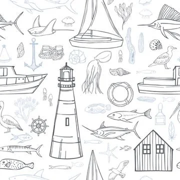 Hand drawn nautical icon set. Vector  seamless pattern Stock Illustration
