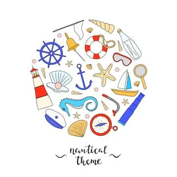 Hand drawn nautical items in circle. Stock Illustration