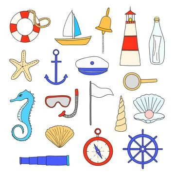Hand drawn nautical items set. Stock Illustration