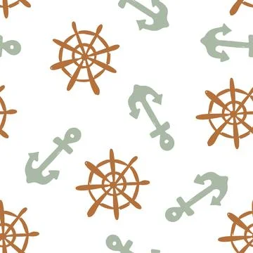 Hand drawn nautical pattern featuring ship wheels and anchors in muted colors Stock Illustration