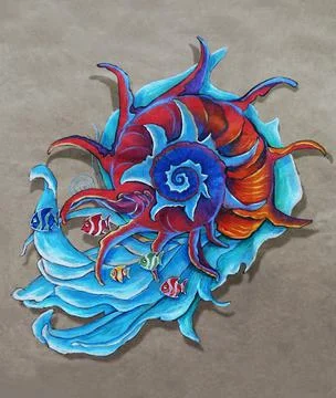 Hand drawn Nautilus shell design in a circle with water and colorful fishes Stock Illustration