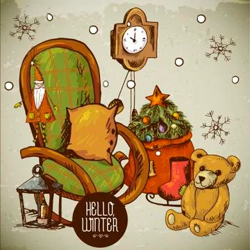 Hand-drawn New Year and Christmas Greeting Card Stock Illustration