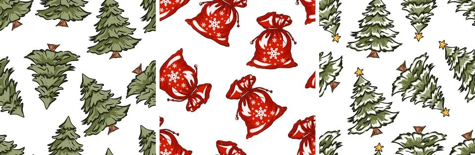 Hand drawn new year patterns, set christmas prints, trees and gift bags in Stock Illustration