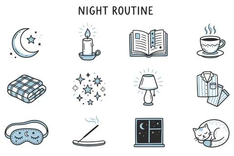 Hand-drawn night routine icon set with cozy evening elements Stock Illustration
