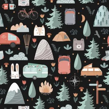 Hand drawn night seamless pattern with summer camping equipment. Trailers Stock Illustration