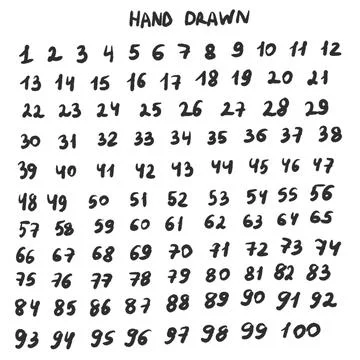 Hand-drawn numbers from 1 to 100, isolated on a white background 스톡 일러스트