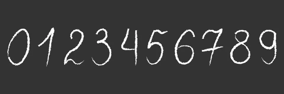 Hand drawn numbers from zero to nine with white chalk or crayon texture on .. Stock Illustration