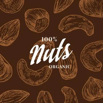 Hand Drawn Nuts Pattern Card. Abstract Vector Cashew, Hazelnut and Almond Sketch Illustrazione stock