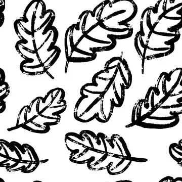 Hand drawn oak leaf seamless pattern in grunge brush style, black leaves on Stock Illustration