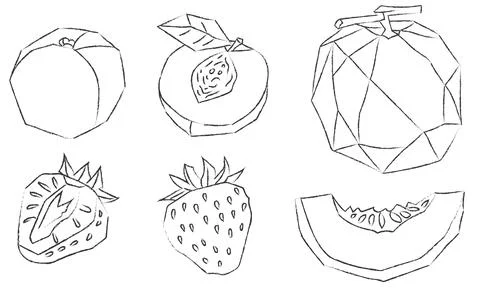 Hand-drawn objects geometric summer fruits outlined with black outline, str.. Stock Illustration