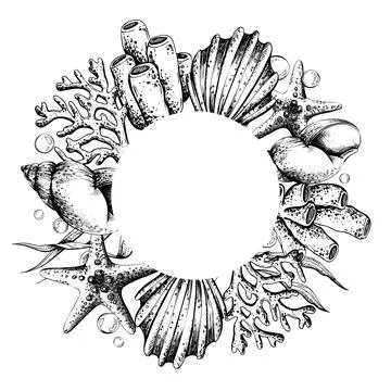 Hand drawn ocean creature round frame wreath template with seashell, starfish Stock Illustration