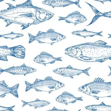 Hand Drawn Ocean Fish Vector Seamless Background Pattern. Anchovy, Herrings Stockillustratie