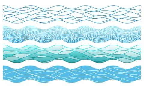 Hand drawn ocean waves, outline endless borders elements Illustrazione stock