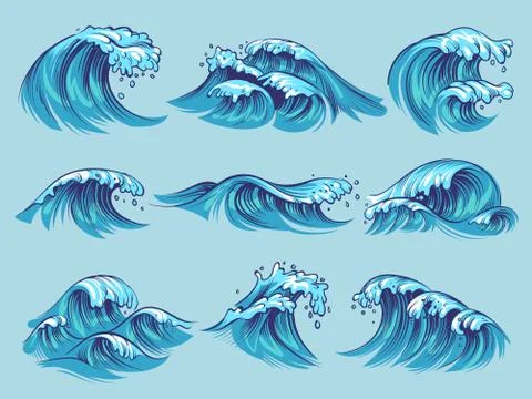 Hand drawn ocean waves. Sketch sea tidal blue waves tide splash hand drawn Stock Illustration