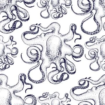 Hand drawn octopus vector seamless pattern . Stock Illustration
