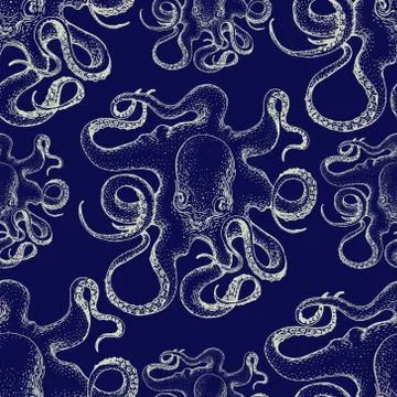 Hand drawn octopus vector seamless pattern . Stock Illustration