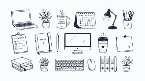 Hand Drawn Office Workspace Essentials Doodle Icon Collection イラスト素材