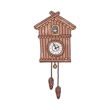 Hand drawn old cuckoo clock, doodle color vector illustration isolated. Stock Illustration